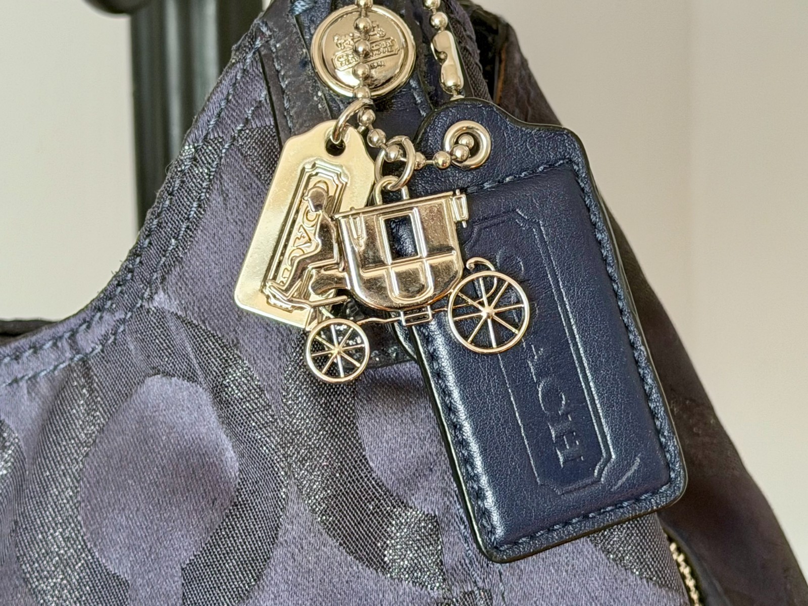 Y2K Coach Maggie Op Art Navy Blue Jacquard Canvas Shoulder Bag Dust Bag
