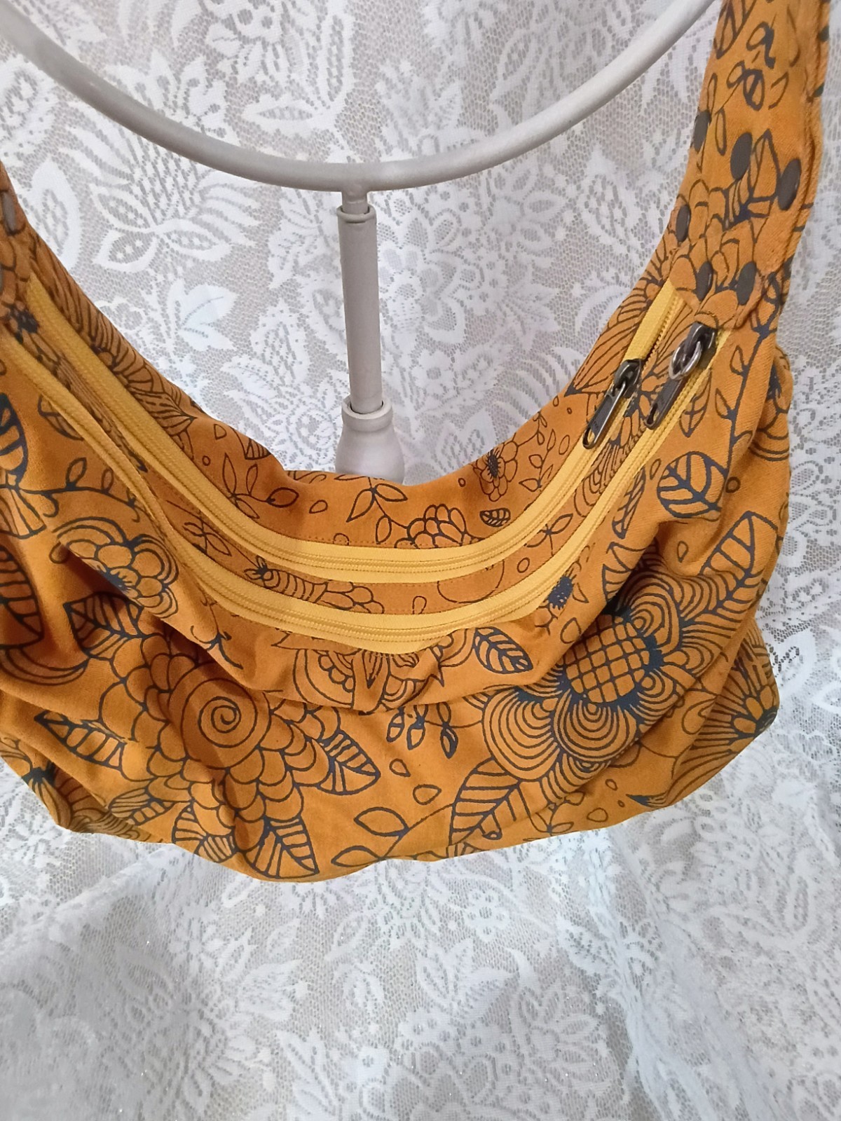 For Freedom by Sak Saum Artisan Crossbody Zip Bag Yellow Floral Boho Hippie