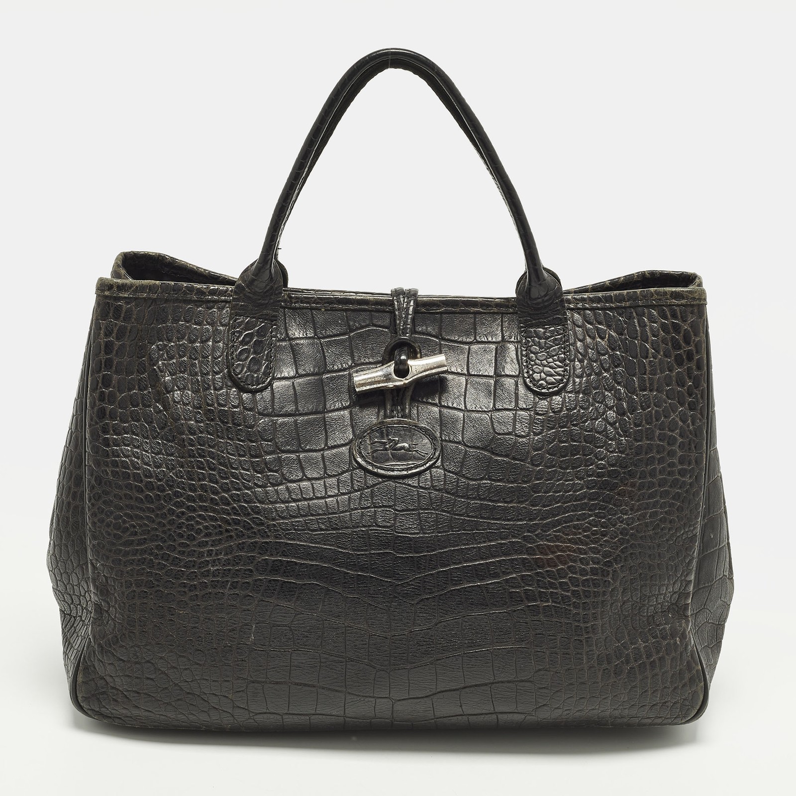 Longchamp Roseau Black Croc Embossed Leather Tote
