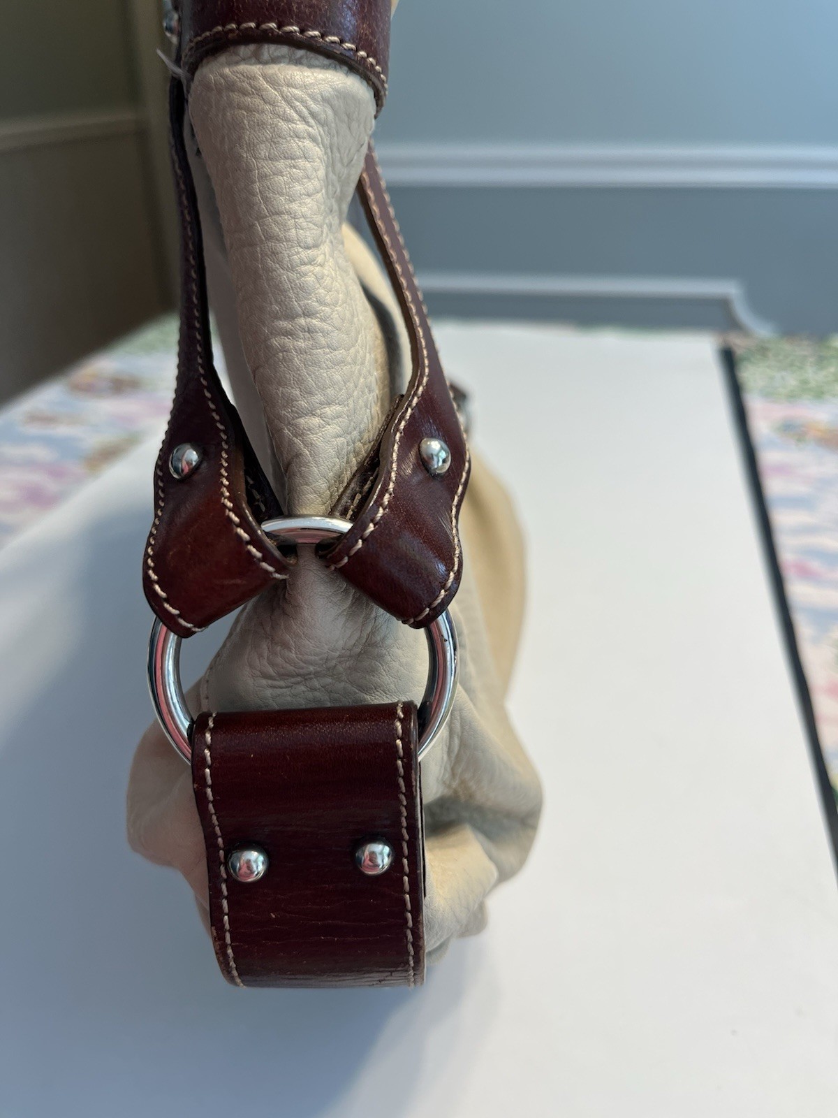 PETUSCO Shoulder Bag Leather Ivory/Brown Horse Logo Silver Hdwre Made in Spain