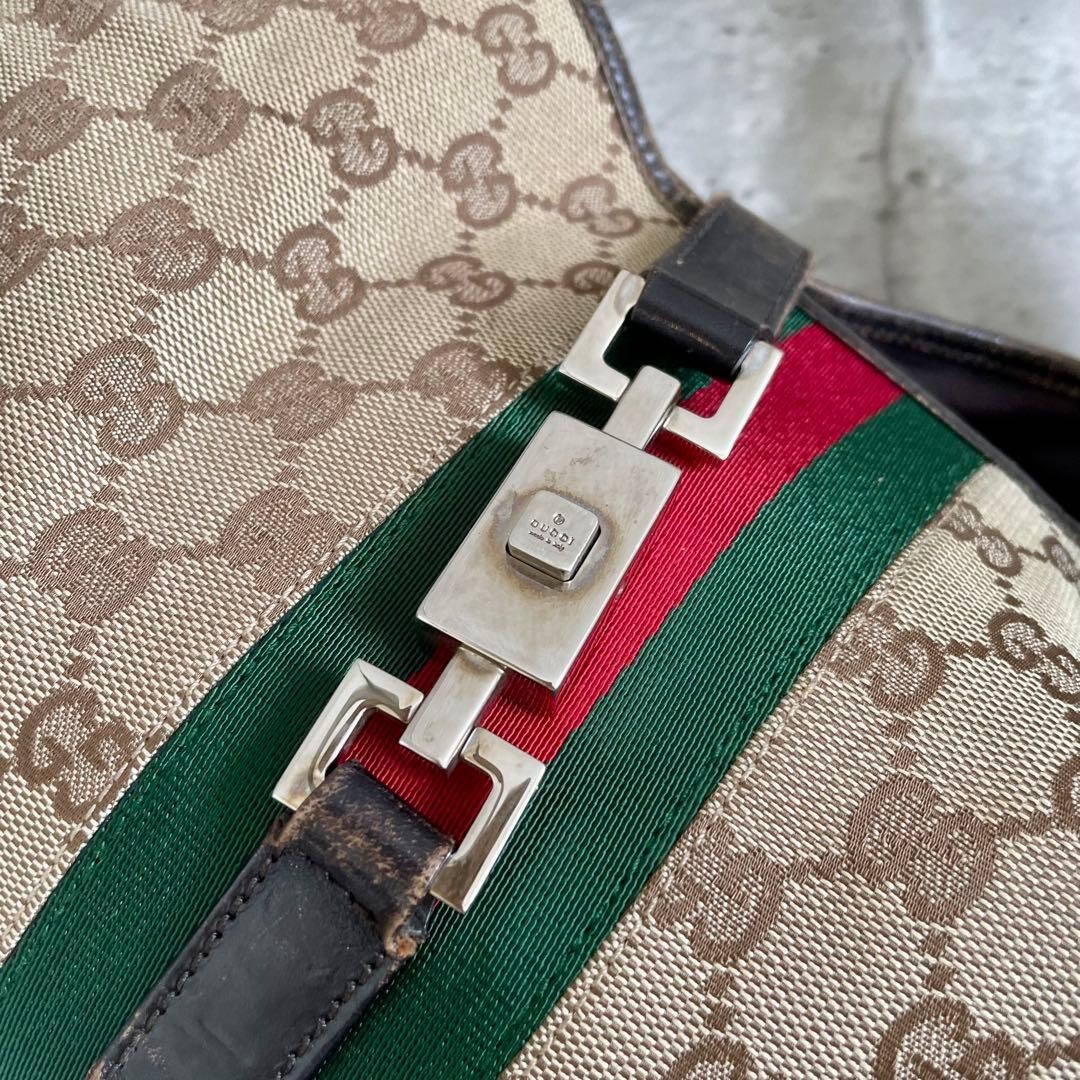 GUCCI Jackie GG Canvas Web Stripe Shoulder Bag Brown Leather Medium Tote