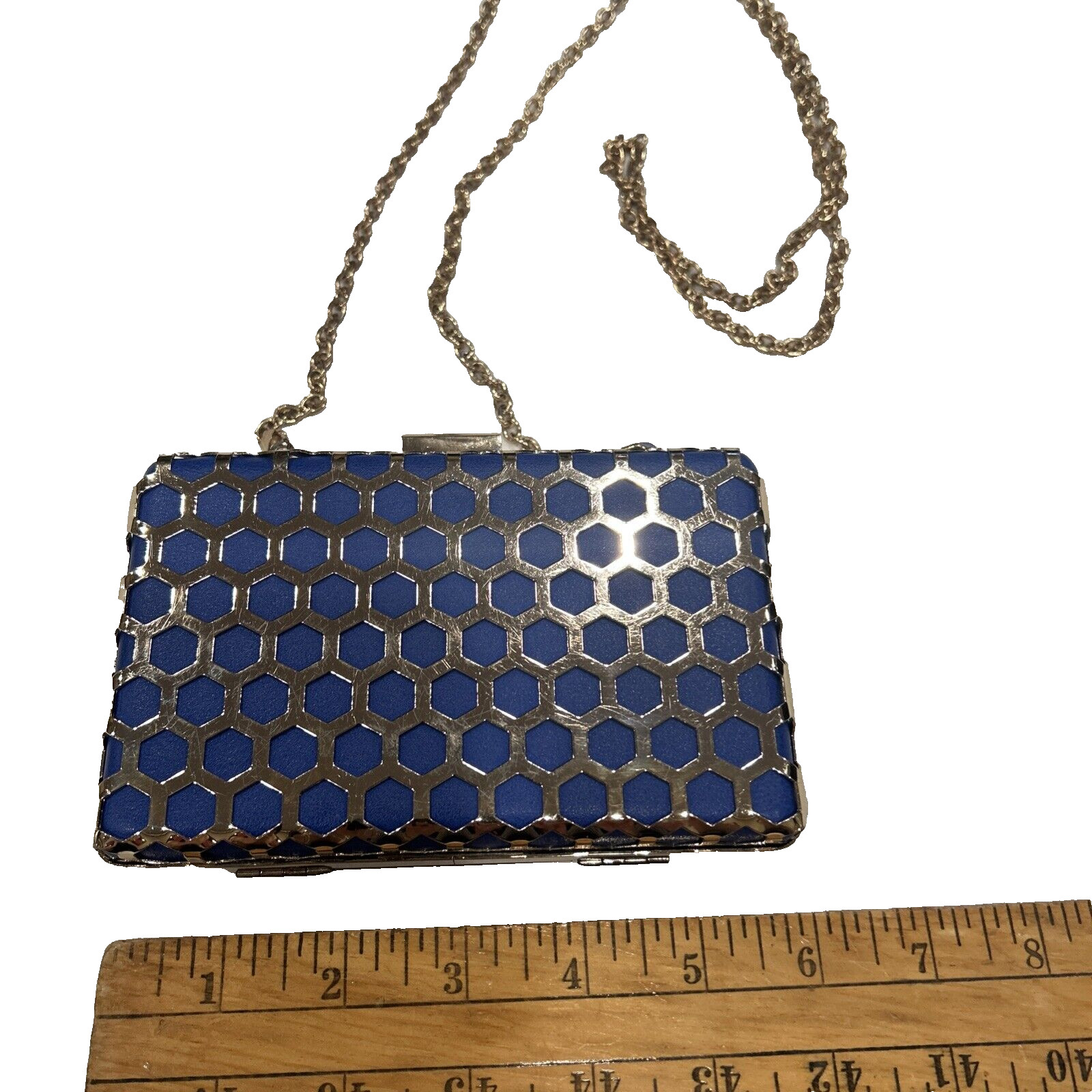 Blue Gold Stainless Steel Evening Bag Clutch Honeycomb Pattern 6x4x2