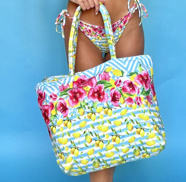ANTICA SARTORIA 2024 FLOWERS & STRIPE LEMONS BEACH ZIPPERED BEACH TOTE/PURSE NWT
