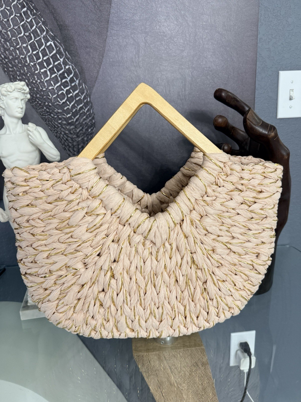Woven Straw Semi-Circle Bag with Wooden Handle Natural Tan Women’s Handbag