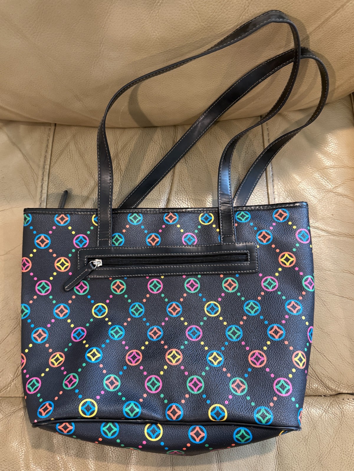 Multi-Color Geometric Pattern Shoulder Bag Tote Black Neon Rainbow Purse Zip Top