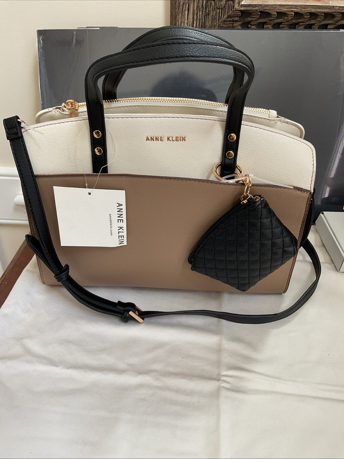 Anne Klein Tan Cream and Black Bag New with Tag 13.5 x 9.5 Inches
