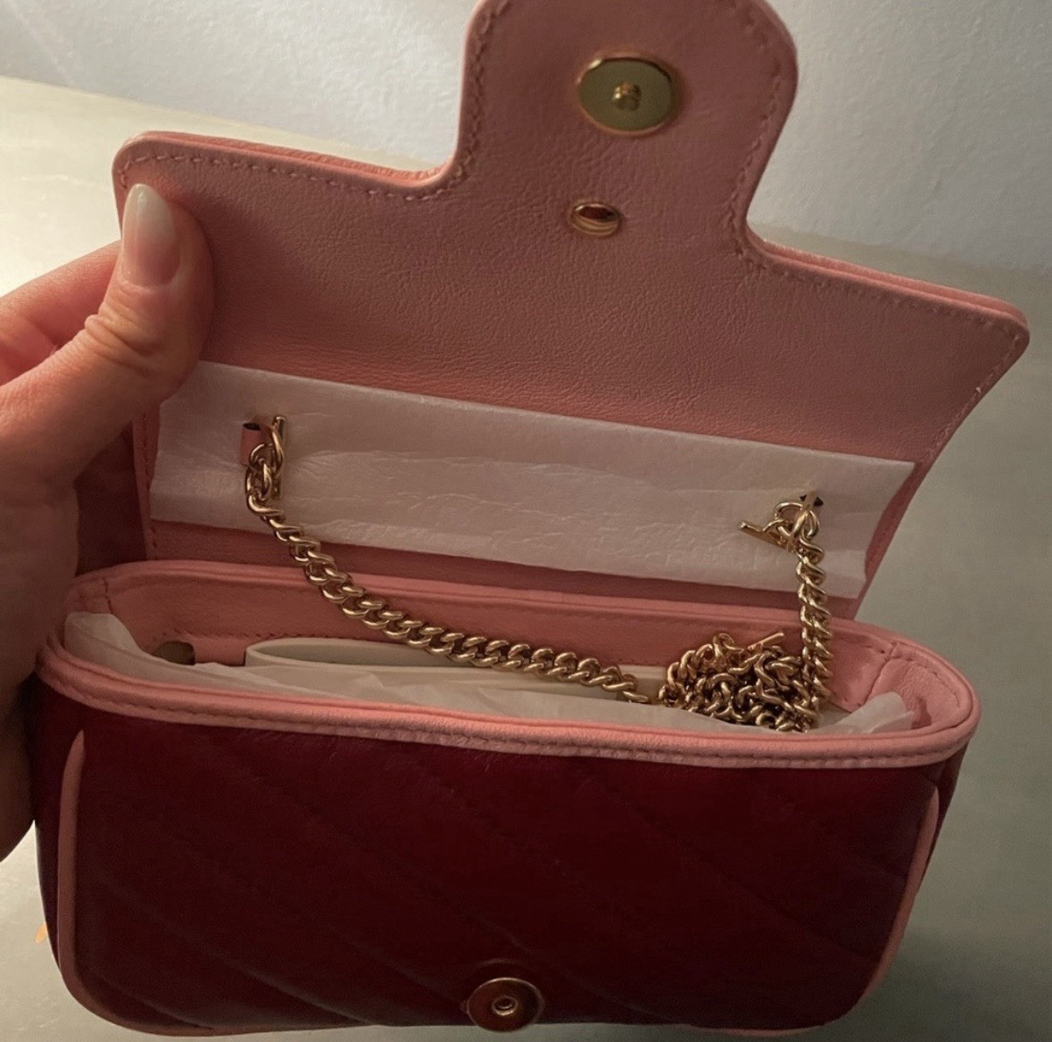 Rare GUCCI Marmont Super Mini Burgundy Red and Pink Orchon Azal Cross Body Purse