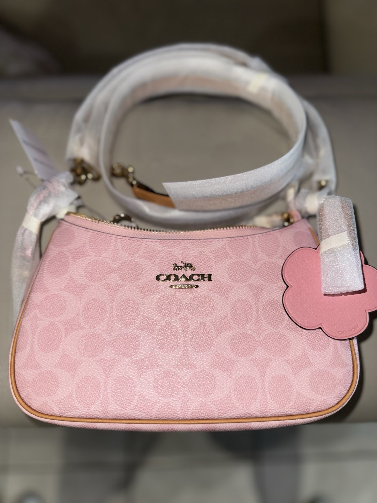 Coach Teri Shoulder Bag Signature Canvas With Charms Gold Powder Pink CEA20 NWT