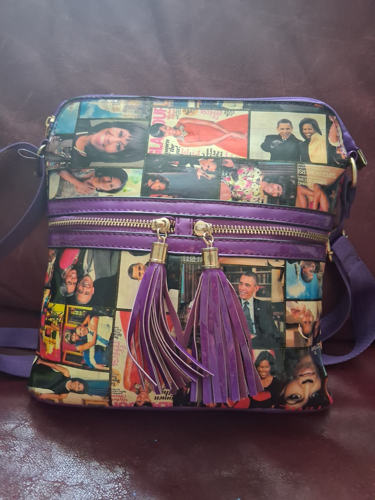 Crossbody Michelle Obama Shoulder Bag Hologram Magazine Print New Tassel Zipper