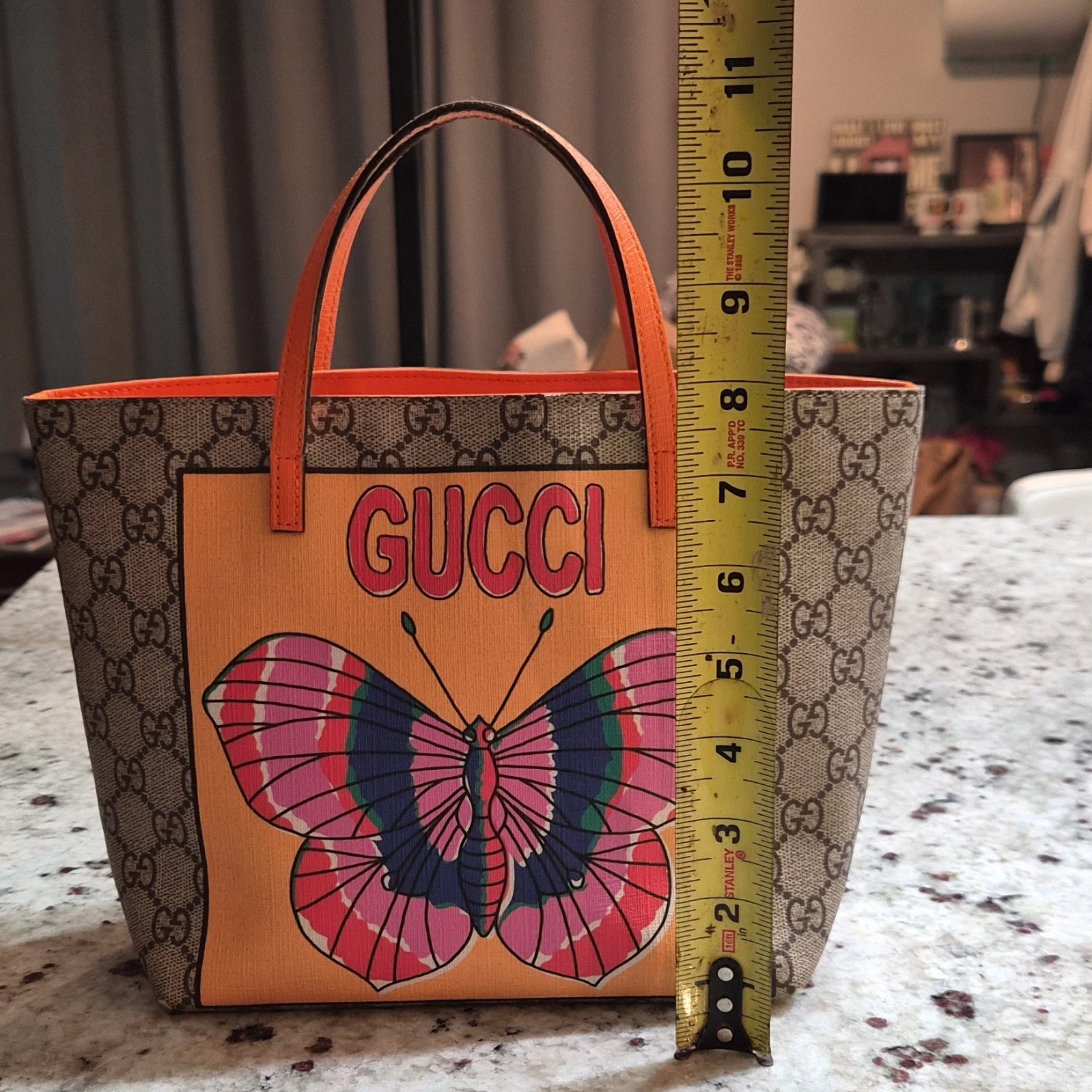 Gucci GG Monogram Butterfly Print Small Tote Bag Orange Leather Double Handles