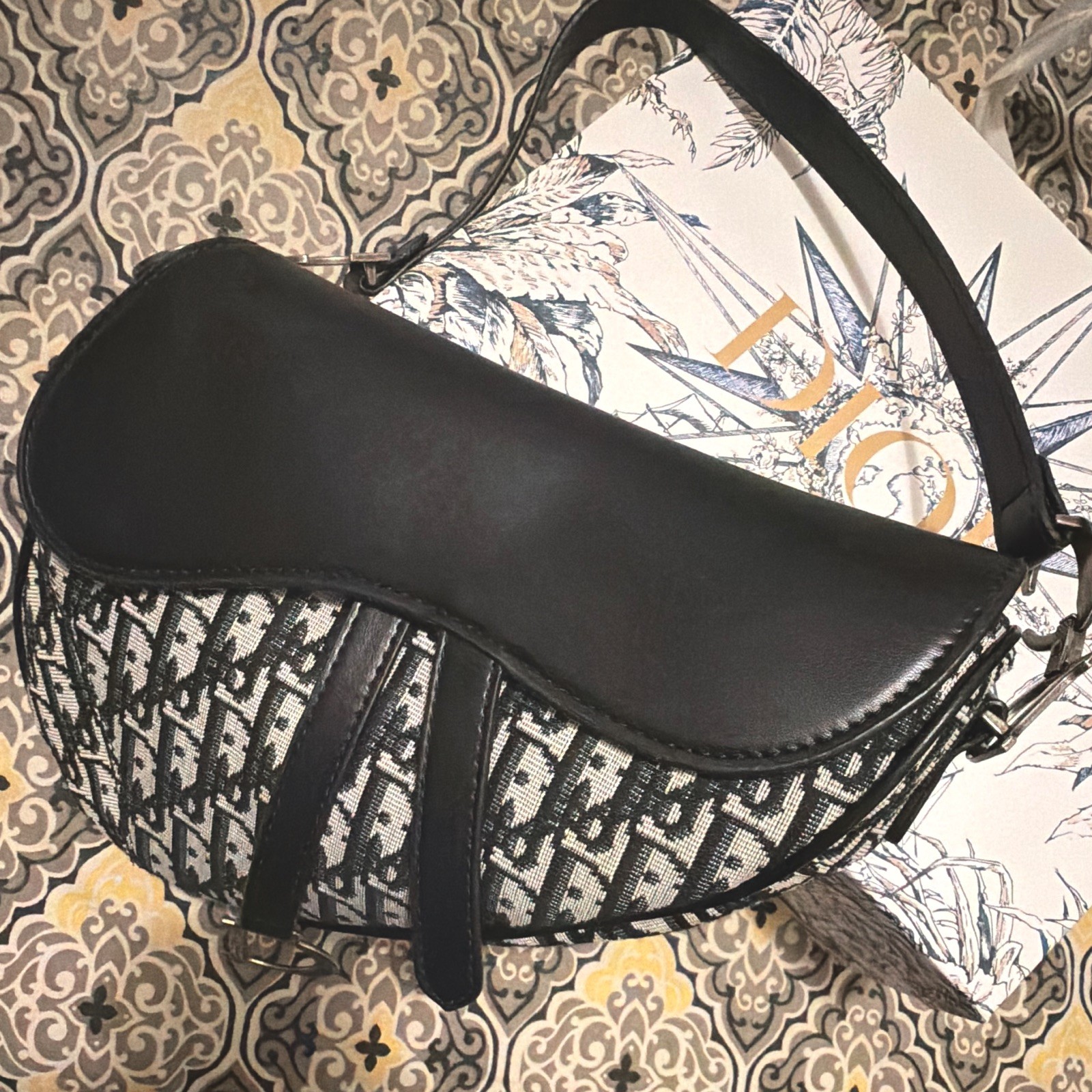 Dior Small Saddle Bag Blue/Beige Monogram, Gold Hardware, Detachable Strap