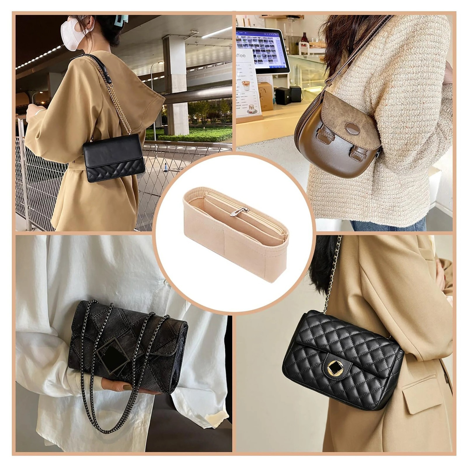 Felt Bag Organiser Insert with Zipper Multi-Pocket Purse Liner for Handbags