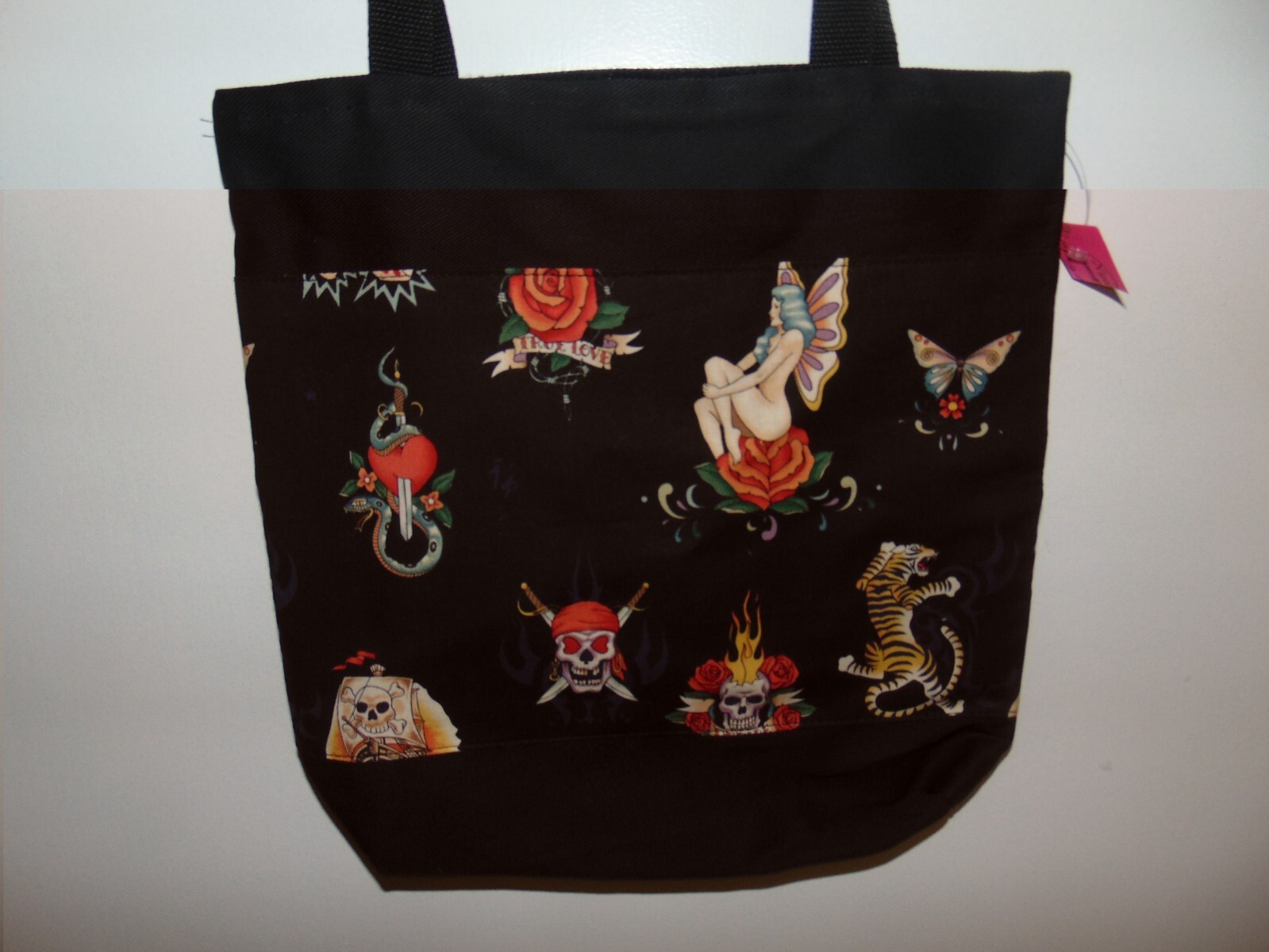 Fabric Purse 13″ x 12.5″ Black Tattoo Print Fairy Tiger Skull Rose Print NEW