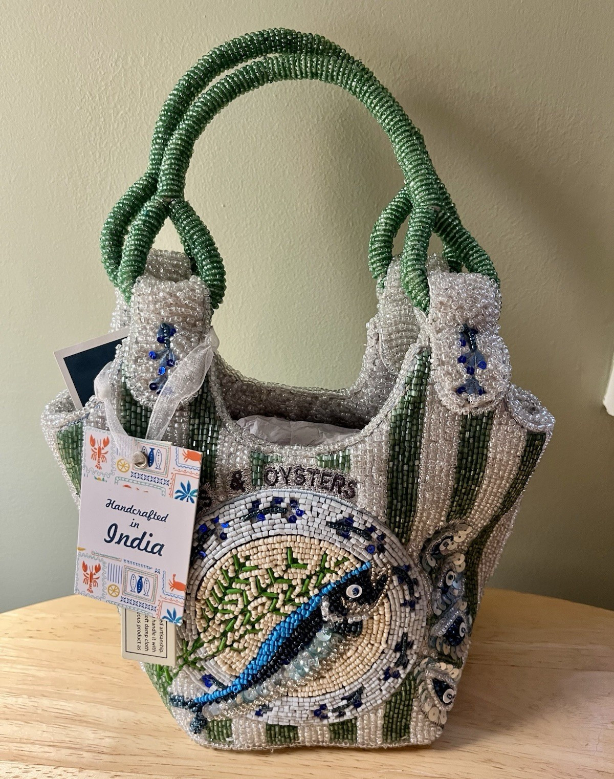 Beaded Top Handle Bag Green/White Striped Sardine & Oyster Tote