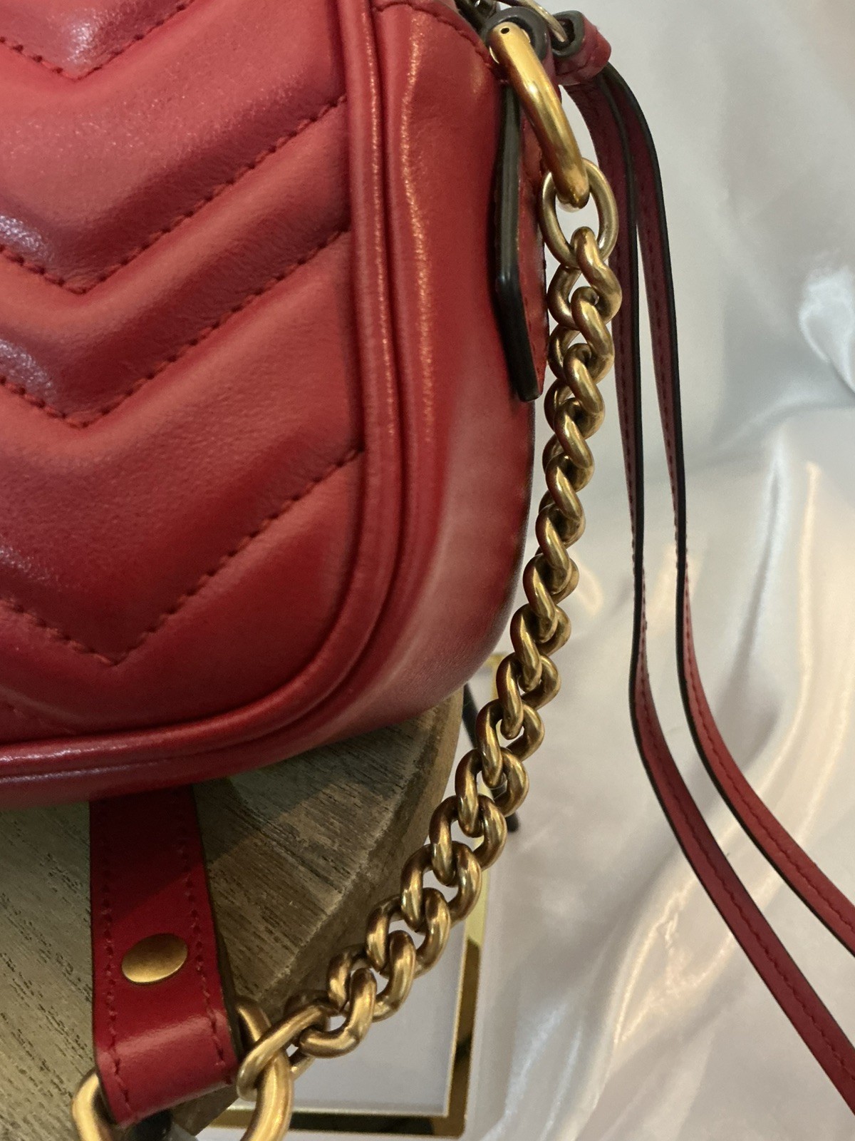 Authentic Gucci GG Marmont 2.0 Red Leather Chevron Camera Crossbody w COA