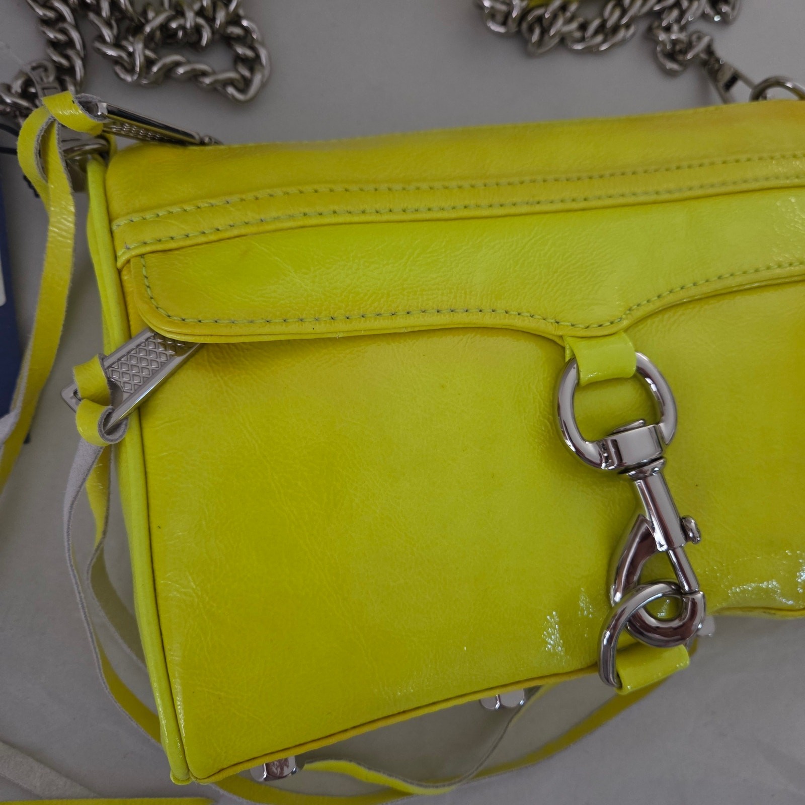 New with Flaws Rebecca Minkoff Chartreuse Mini Mac Patent Leather Crossbody Bag