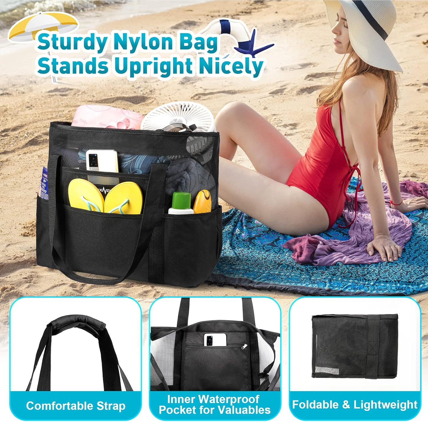 Mesh Beach Bag – Large Waterproof Beach Tote Bag with Zipper, Oversized Foldable