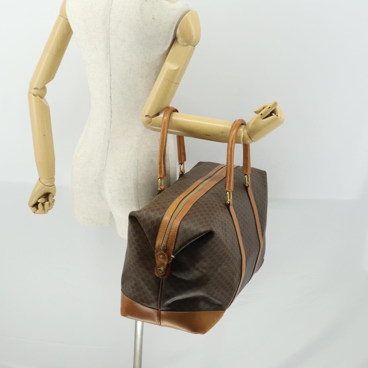 CELINE Macadam Canvas Boston Bag PVC Leather Brown Gold Auth 170328
