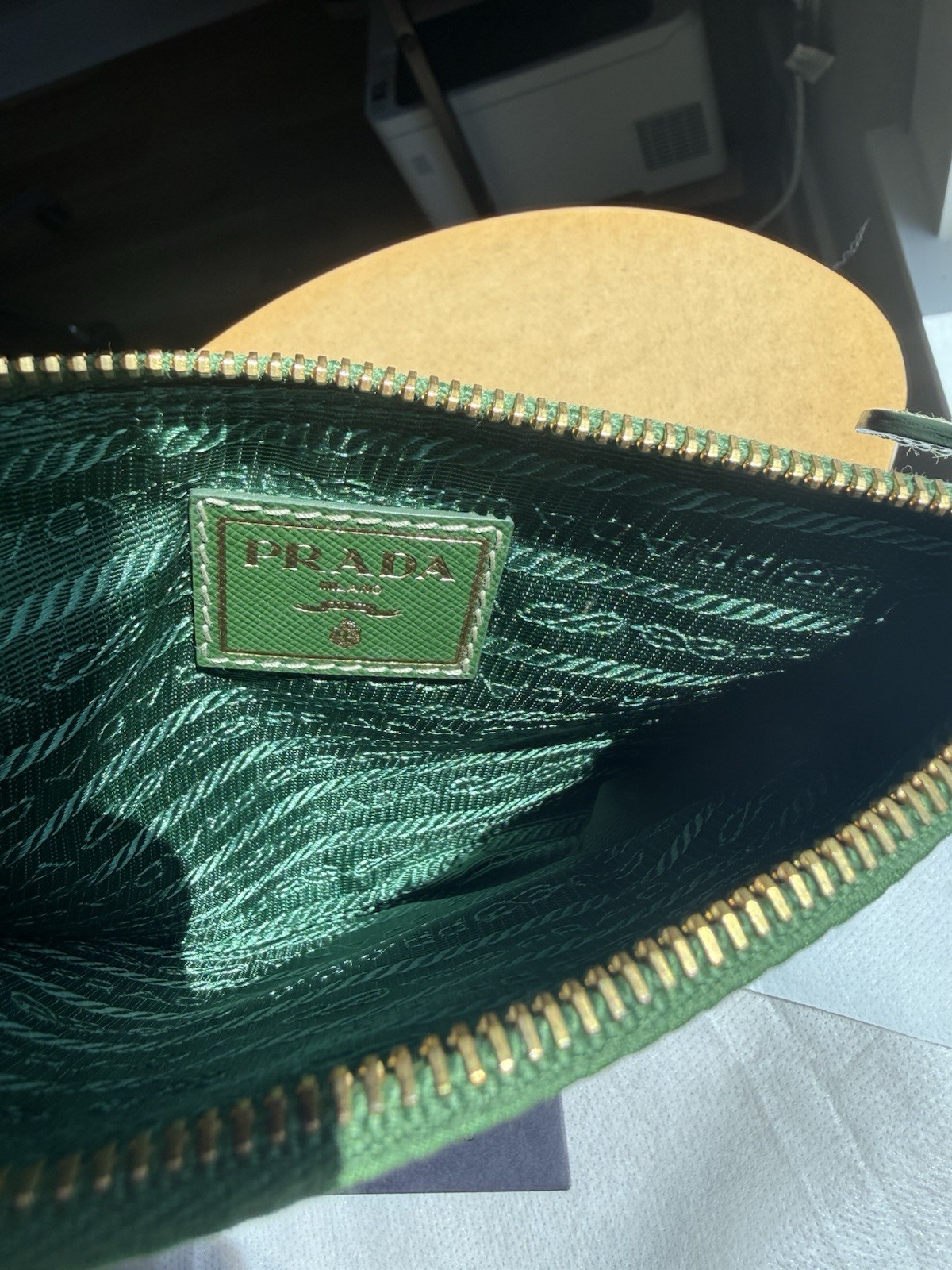 PRADA Green Logo Zip Wristlet Pouch w/ Gold Hardware Inner Pockets Brand Card