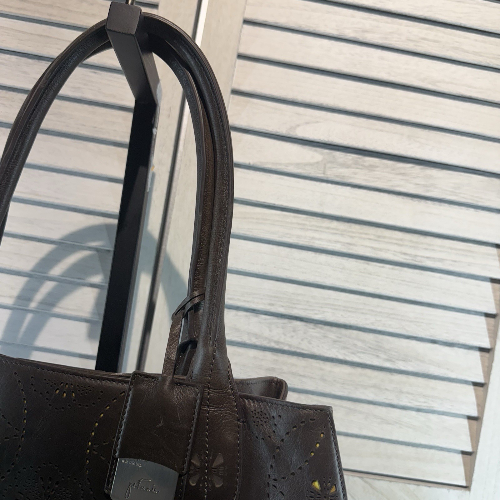 Petunia Pickle Bottom Brown Leather And Sepia Tote Handbag Purse Cutout Floral