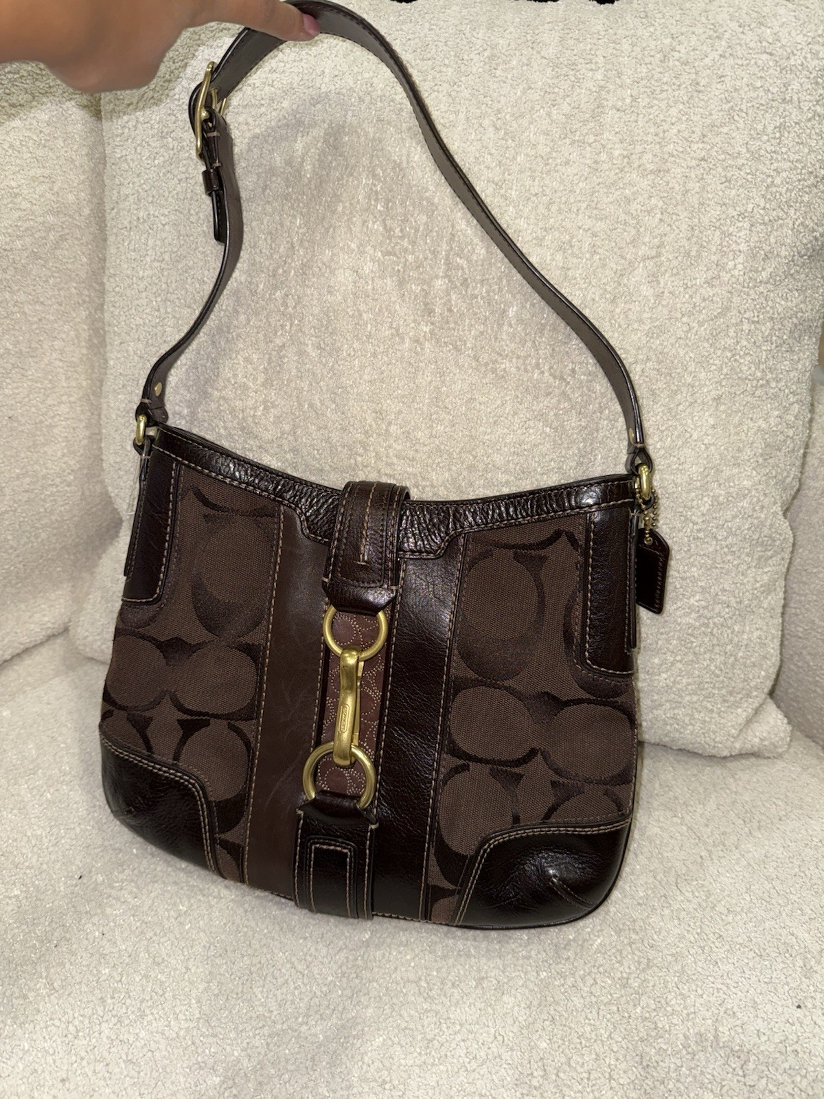Coach Signature Brown Small Shoulder Bag Zip Top Gold Hardware Hangtag