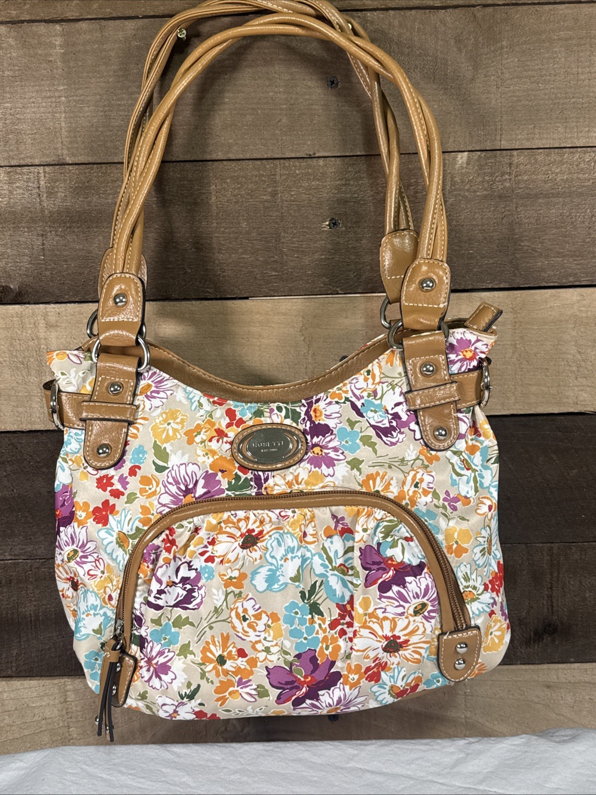 Rosetti Multicolored Floral Fabric Faux Leather Purse Handbag Tote Multi Pockets