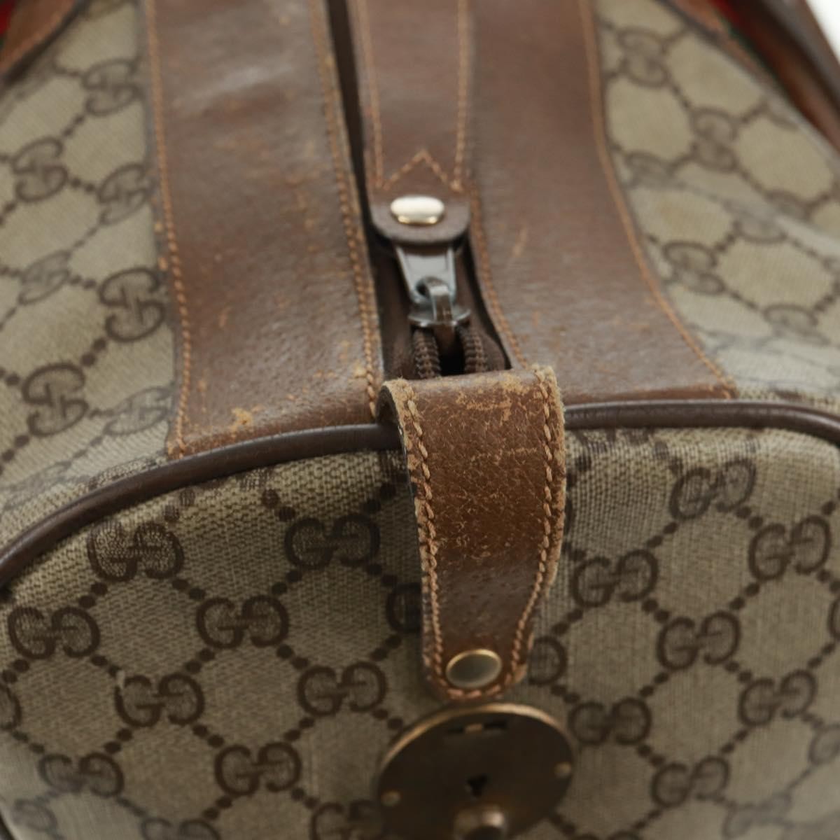 GUCCI GG Supreme Web Sherry Line Boston Bag PVC Beige Gold Auth 158687