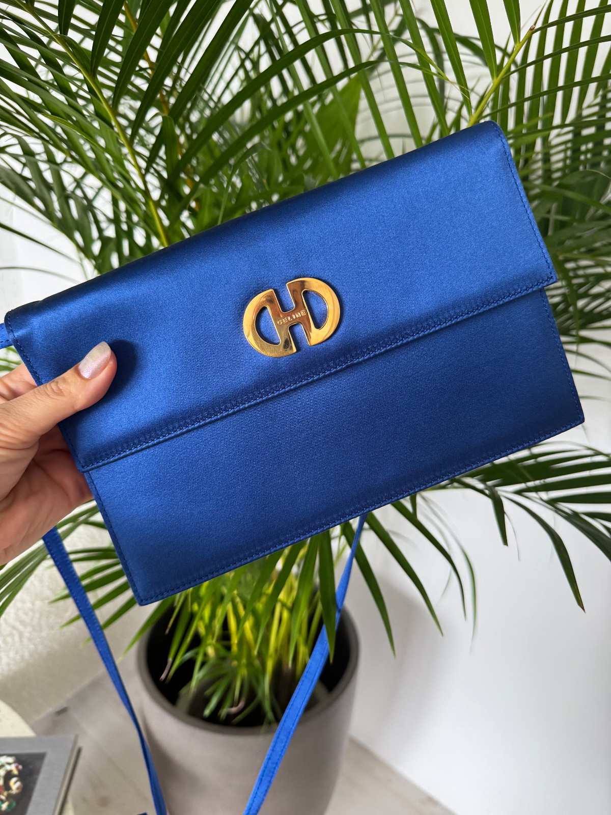 CELINE PARIS F/03 FLAP SHOULDER BAG BLUE SATIN MADE IN ITALY