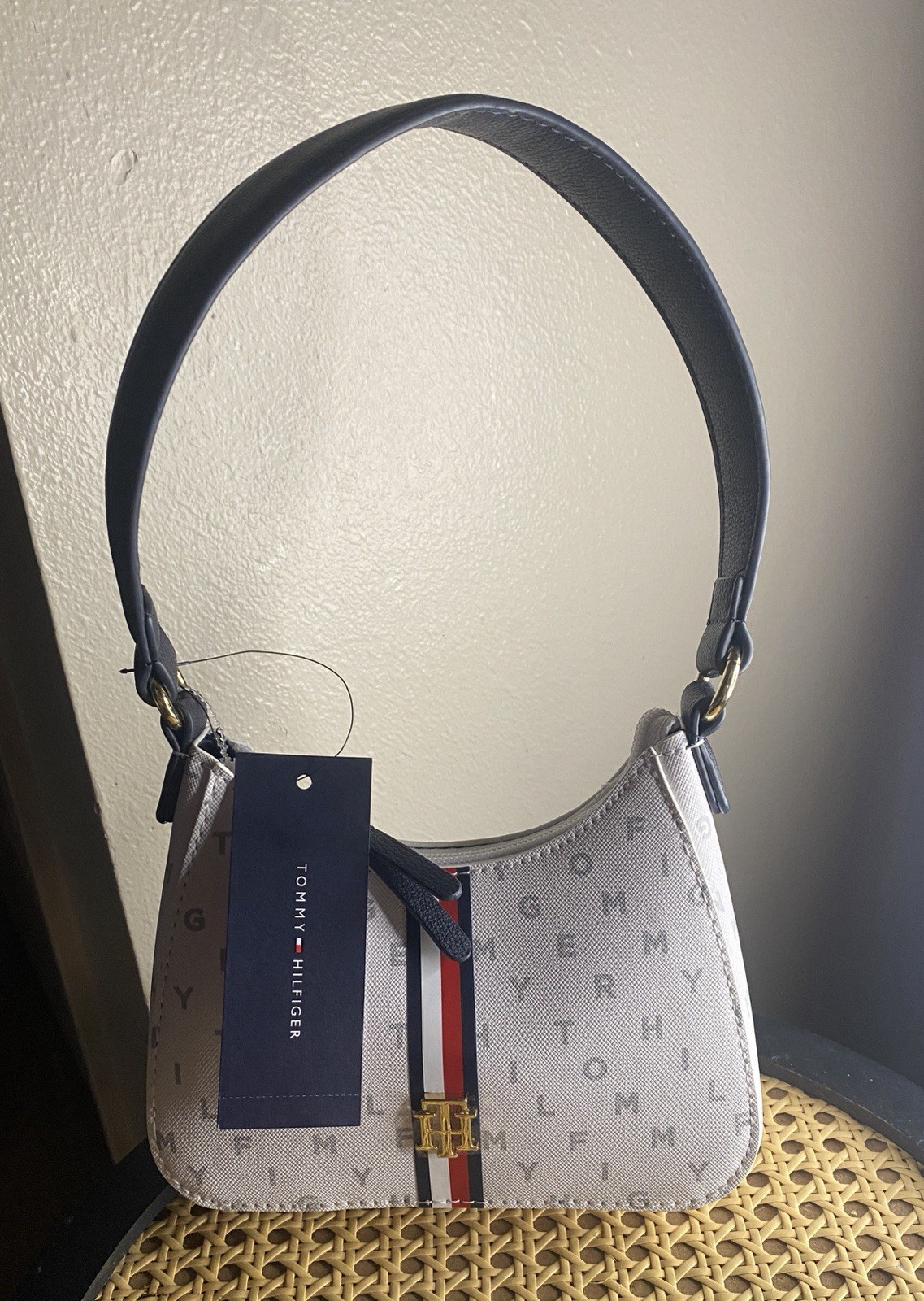 White Tommy Hilfiger Shoulder Bag with Red & Black Stripe-
