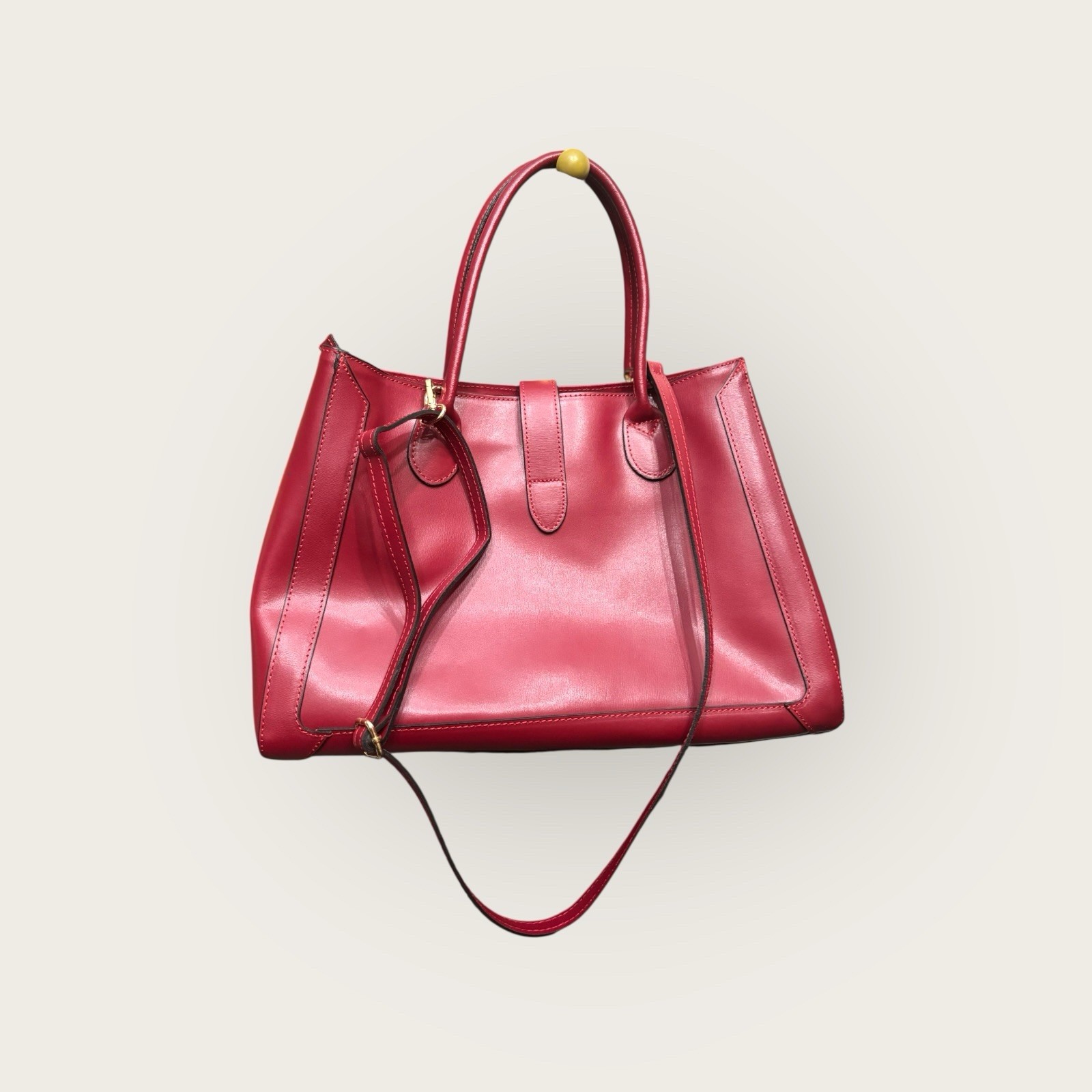 Cherry Red Structured Satchel Crossbody Double Handle Gold Hardware Tote Bag