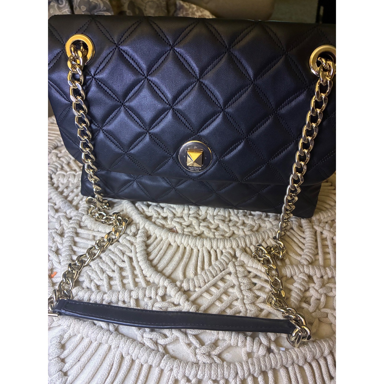 Kate Spade New York Black Quilted Leather Shoulder Bag Gold Chain Turnlock