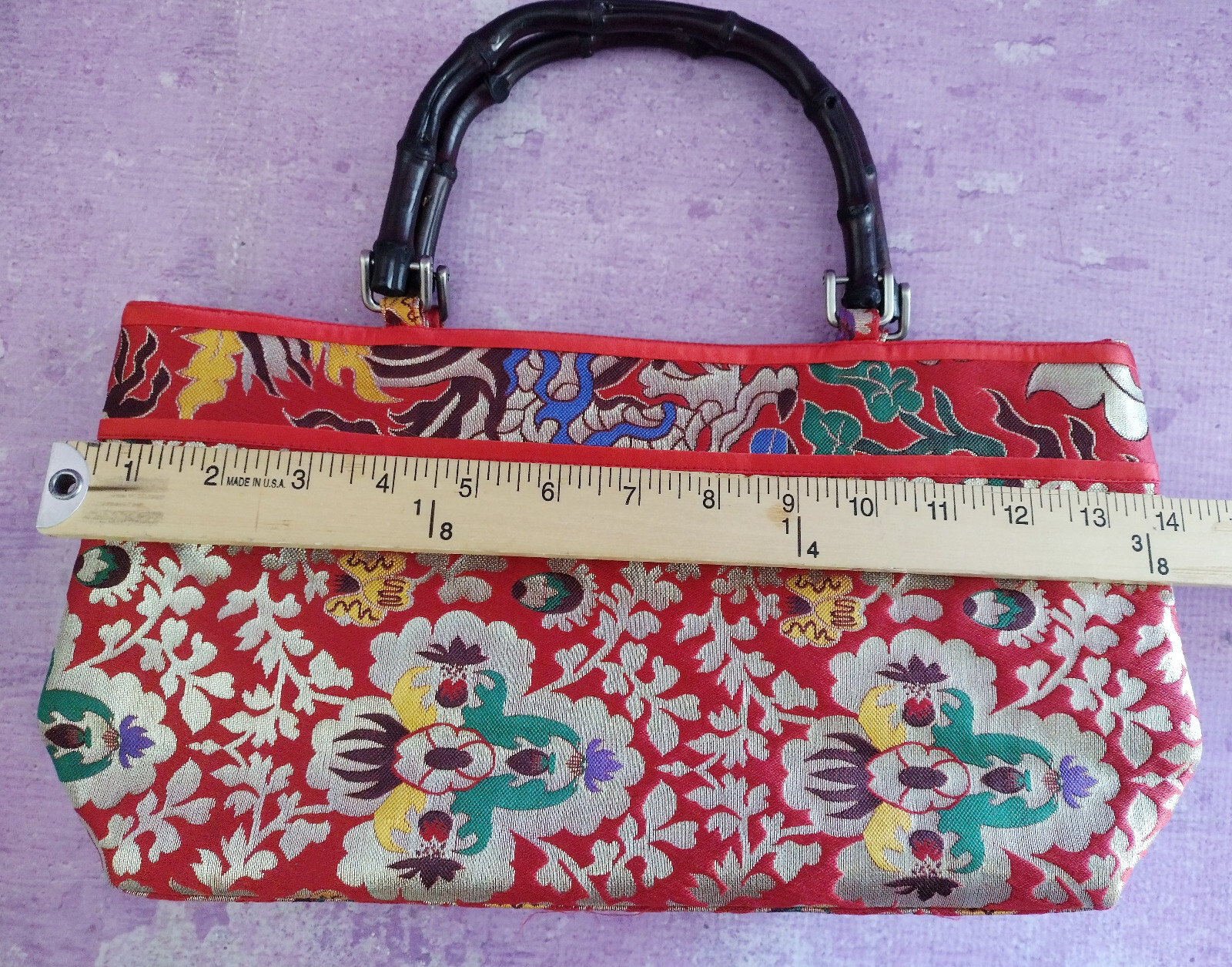 Asian Embroidered Purse Red Floral Multi Metallic Thread Bamboo Look Dbl Handles