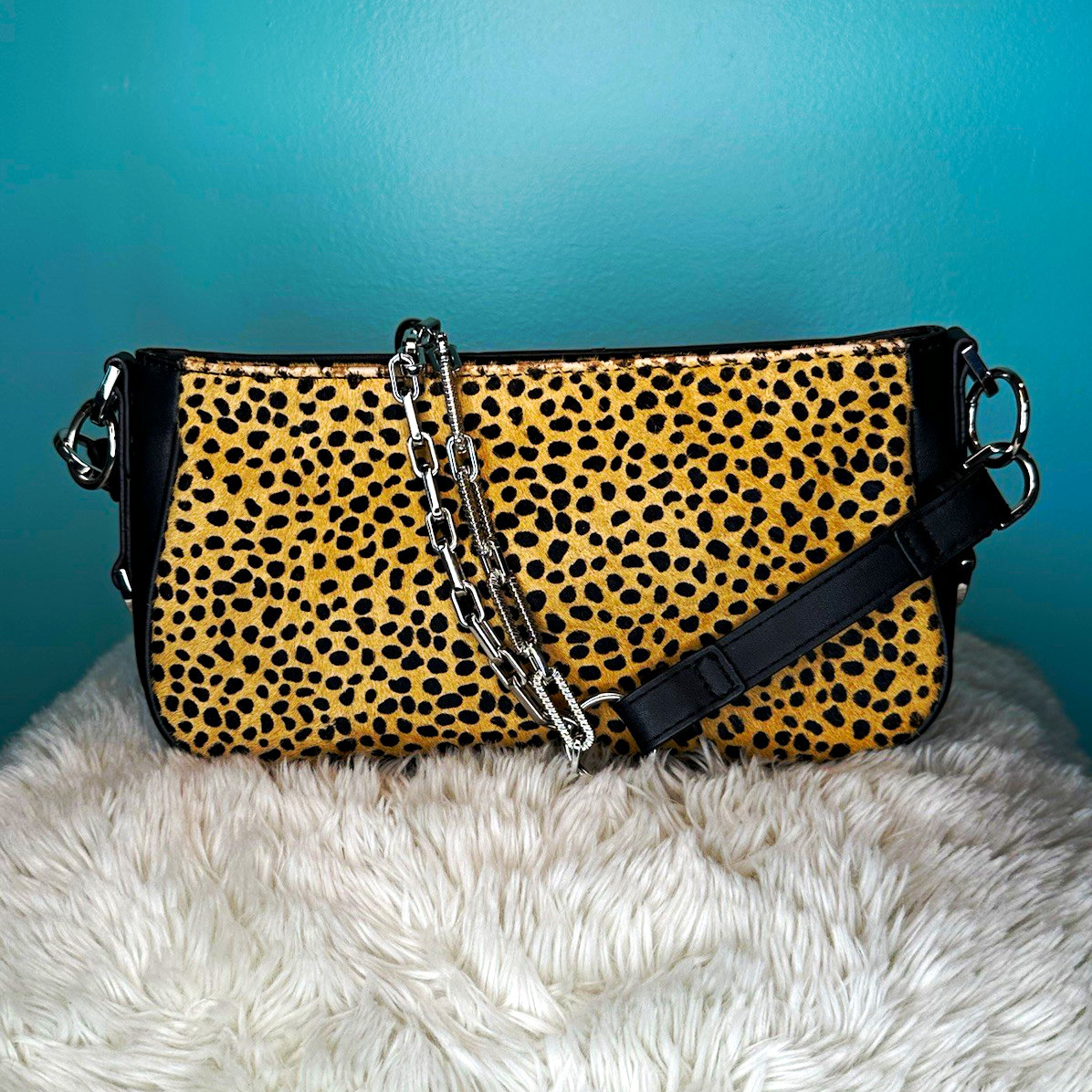 Leopard Animal Print Small Women’s Shoulder Bag Black/Tan Zip Silver Chain