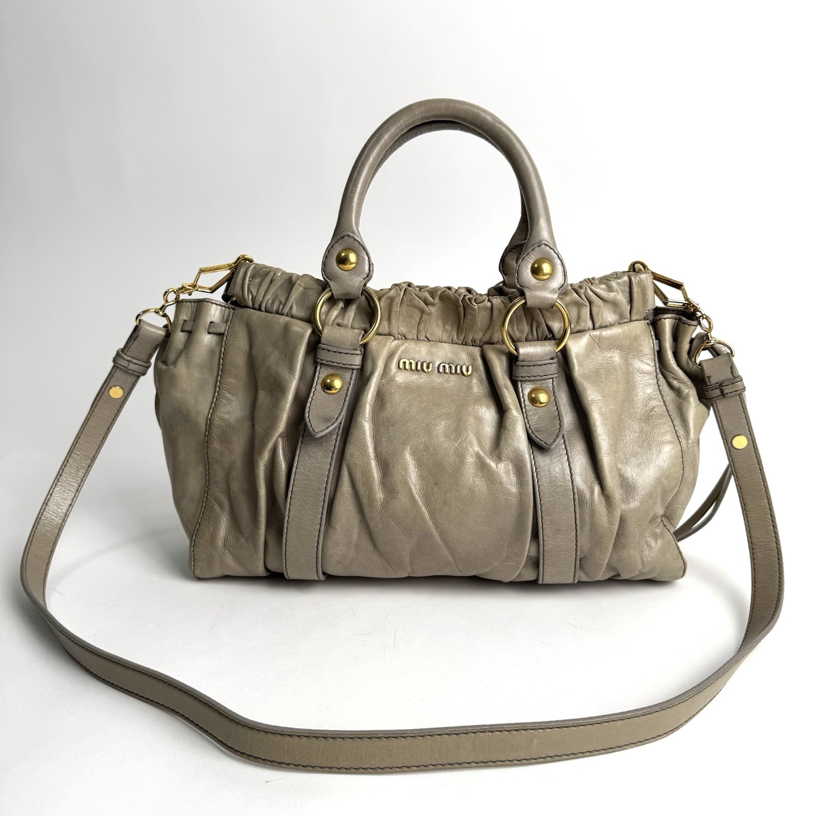 Miu Miu Vitello Lux 2Way Handbag Shoulder Bag Gray Greige Leather Auth Y2K e107