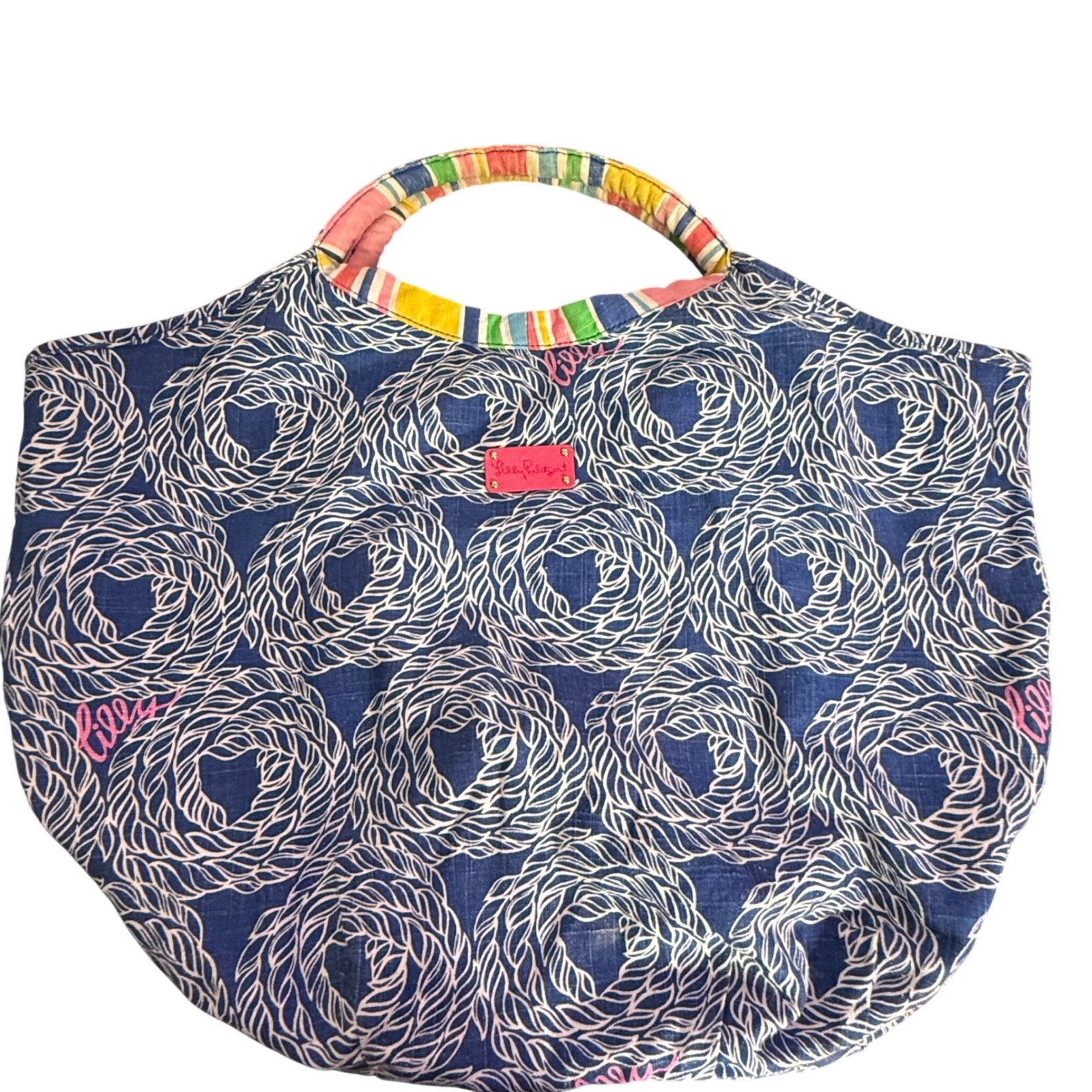 Lilly Pulitzer True Blue Knots BOHO Beach Bag Nautical Rope Print Linen Cotton