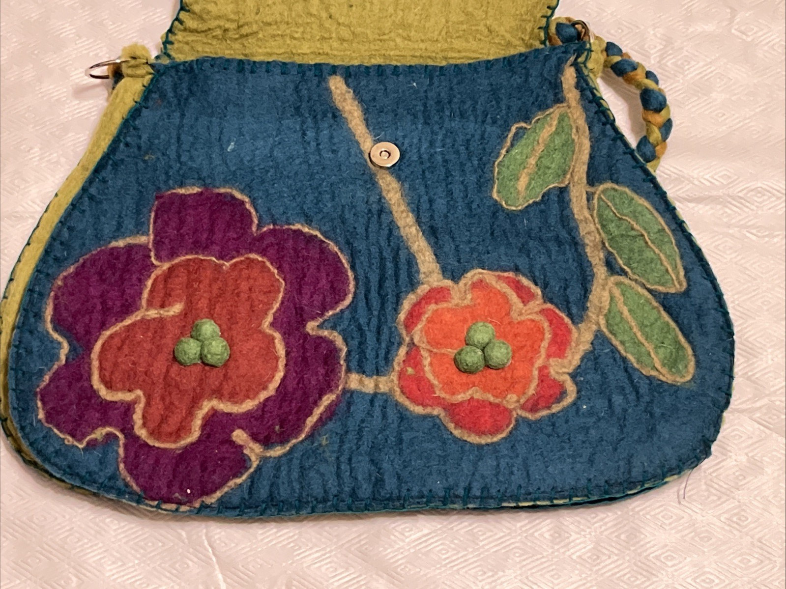 Rising Tide Felted Wool Shoulder Bag Purse Blue Green Floral Boho Nepal NWT