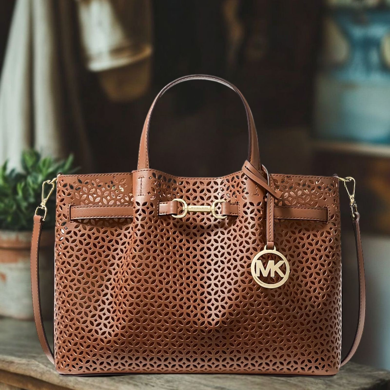 Michael Kors Carson Women Medium PU Blend Floral Laser Cut Satchel Bag Handbag