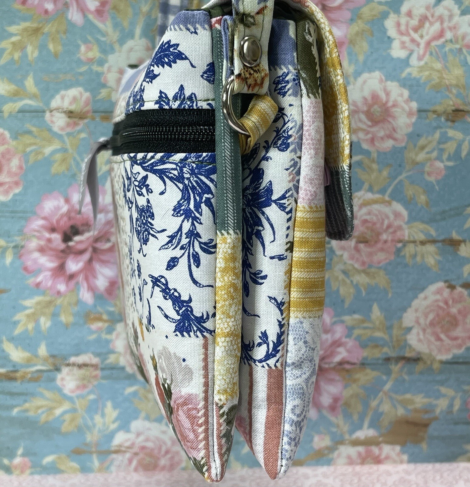 Spring Patchwork Fabric Double Pouch Phone Crossbody w Adjustable Strap Handmade