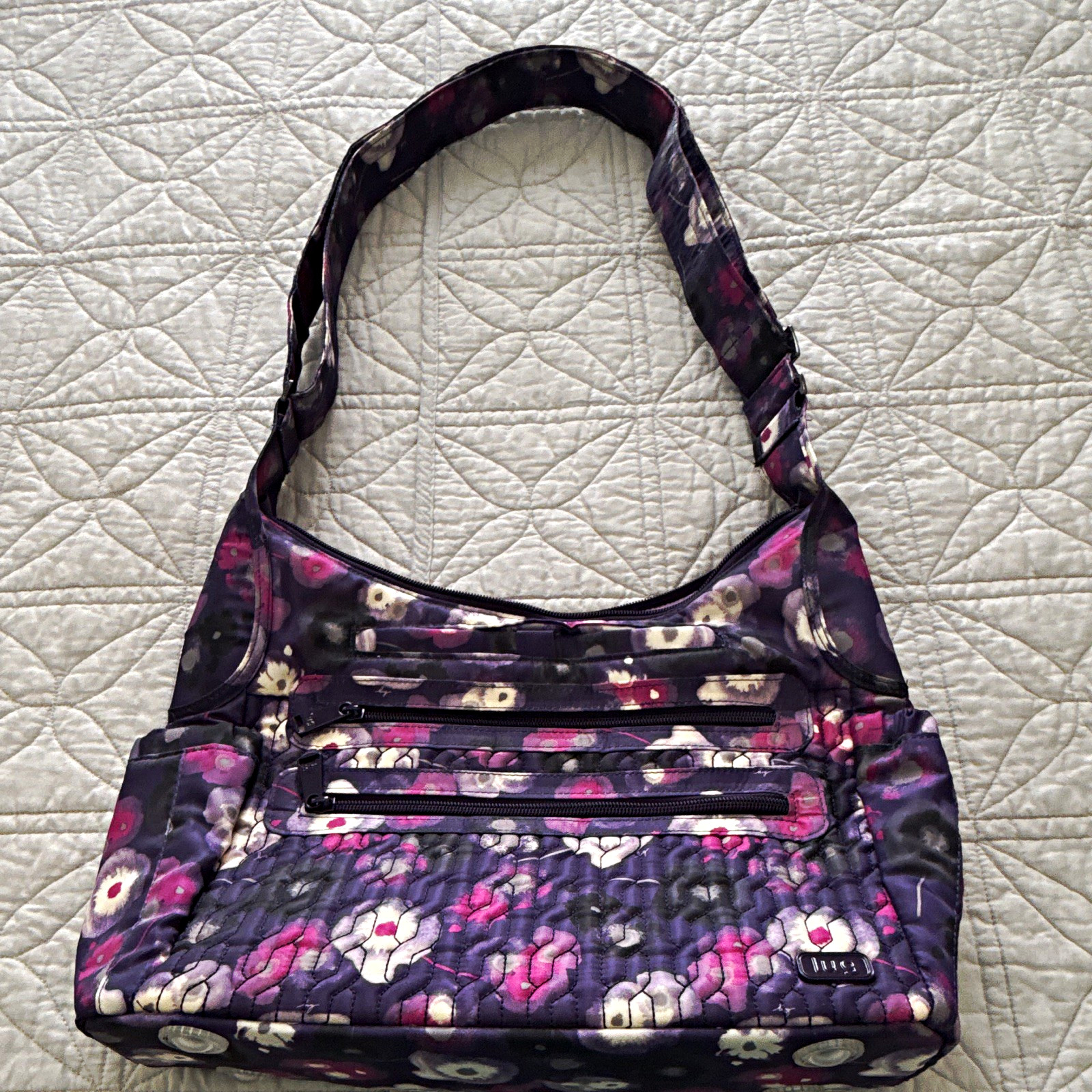 Lug Purple Floral Quilted Shoulder Bag Zip Closure Pockets Lined Pouch