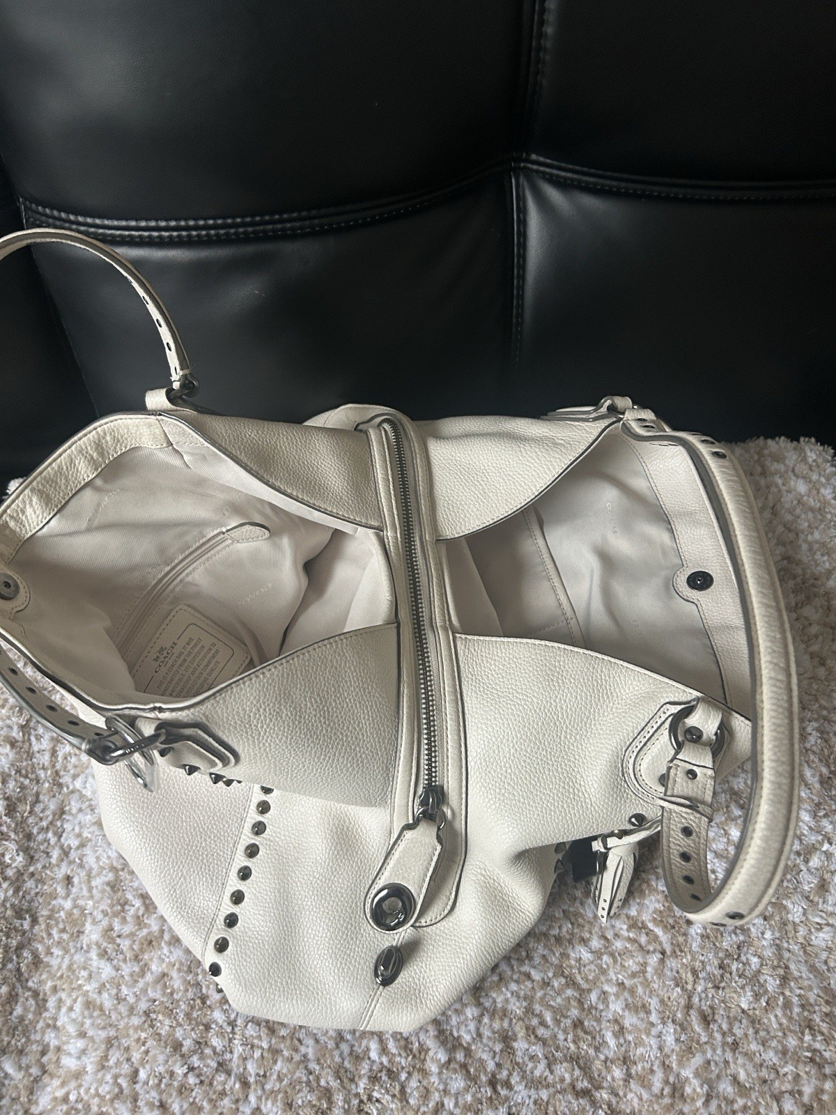 Coach Beige Pebbled Studded Shoulder Bag, Zip Closure, Inner Pockets, Charm