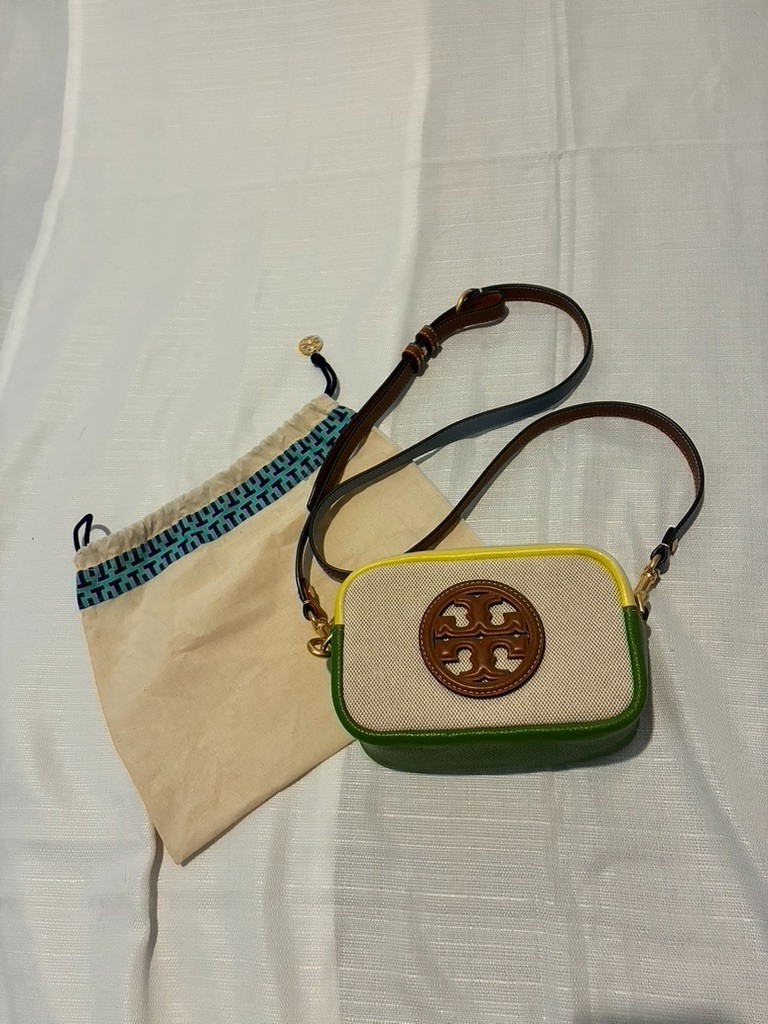 Tory Burch Perry Bombe Mini Camera Crossbody Bag Canvas Green Yellow