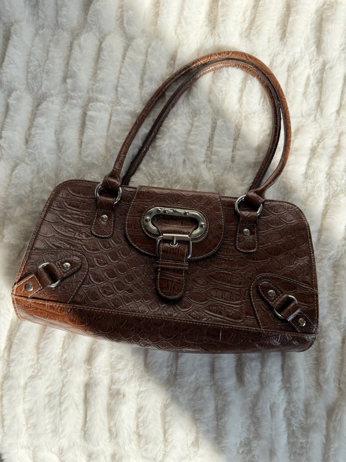 Brown Embossed Shoulder Bag Double Handles Buckle Strap Accents Magnetic Zip