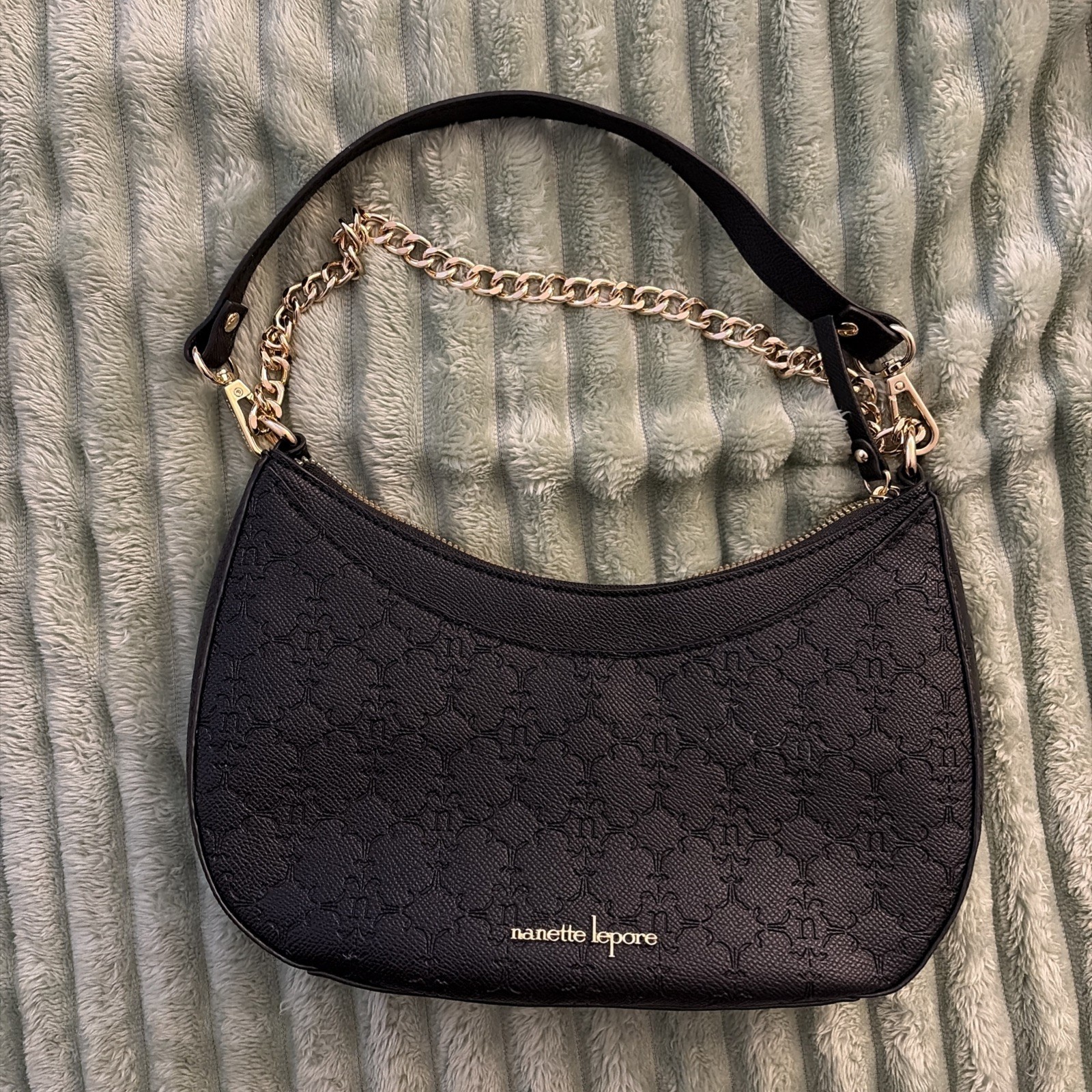 Nanette Lepore Black Pebbled Crescent Shoulder Bag Zip Detachable Strap Gold HW