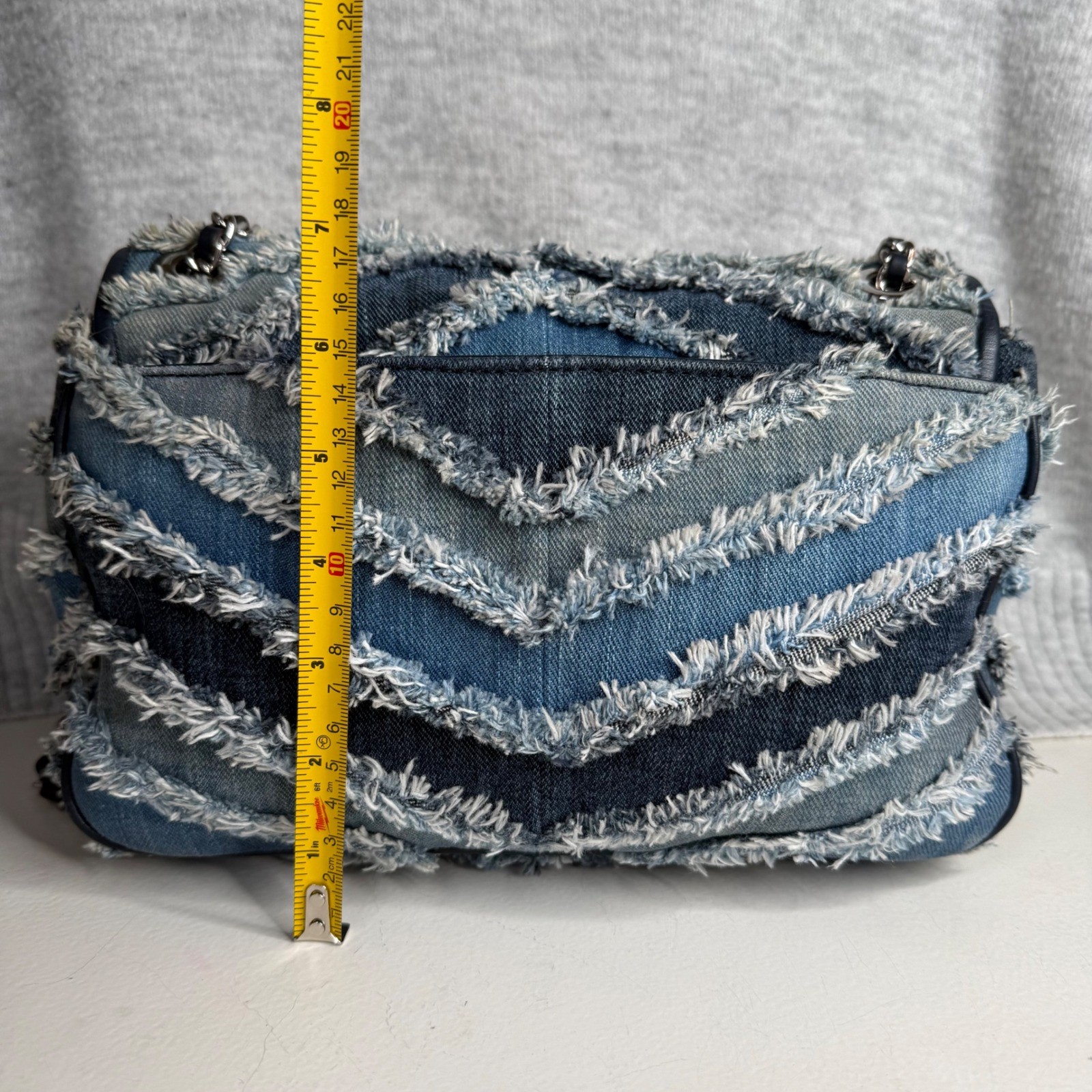 Michael Kors Sloan Large Denim Patchwork Frayed Chevron Shoulder Bag Blue Silver