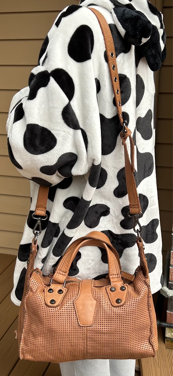 LINEA PELLE Collection BROWN Perforated RAW Edge LEATHER Crossbody SATCHEL Bag