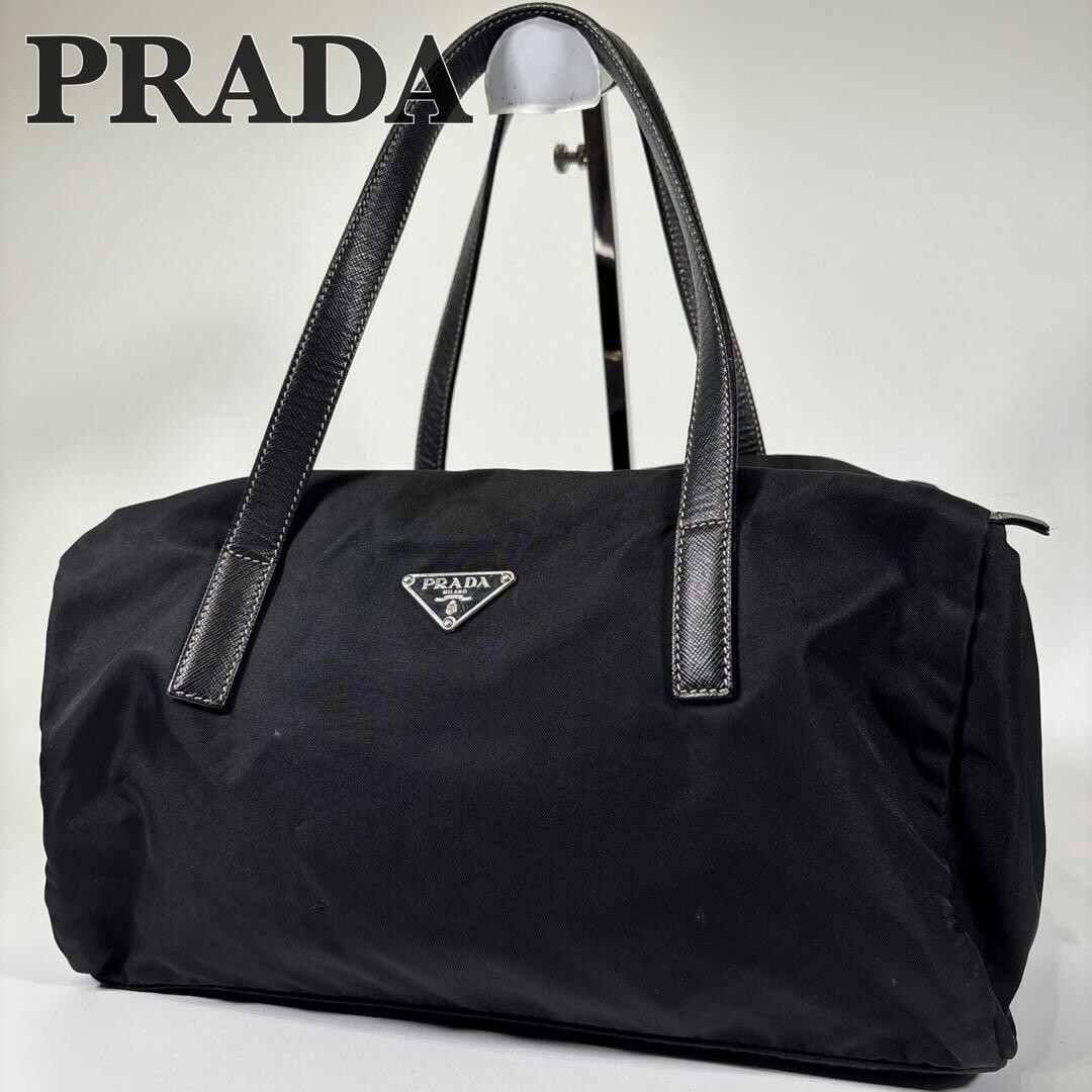 Prada Black Tessuto Nylon Mini Boston Bag Triangle Logo Shoulder Tote 31.5cm
