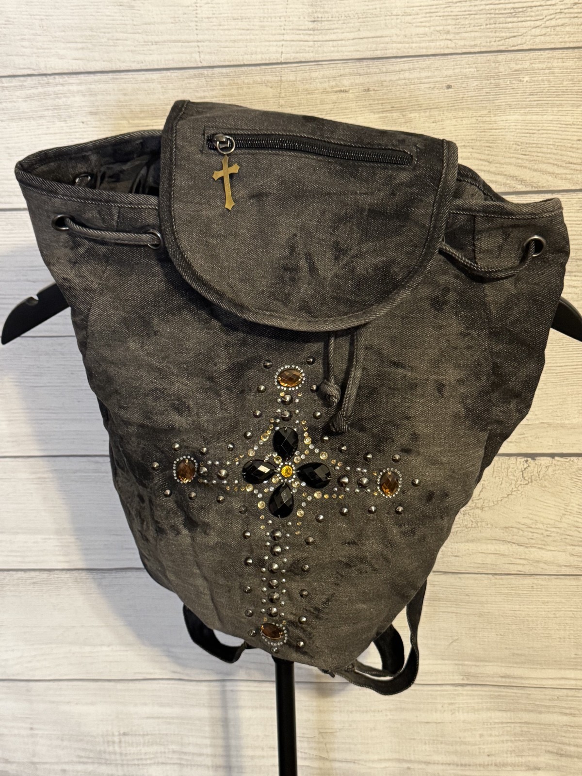 Claire’s Boho Rhinestone Cross Backpack Distressed Gray 15”