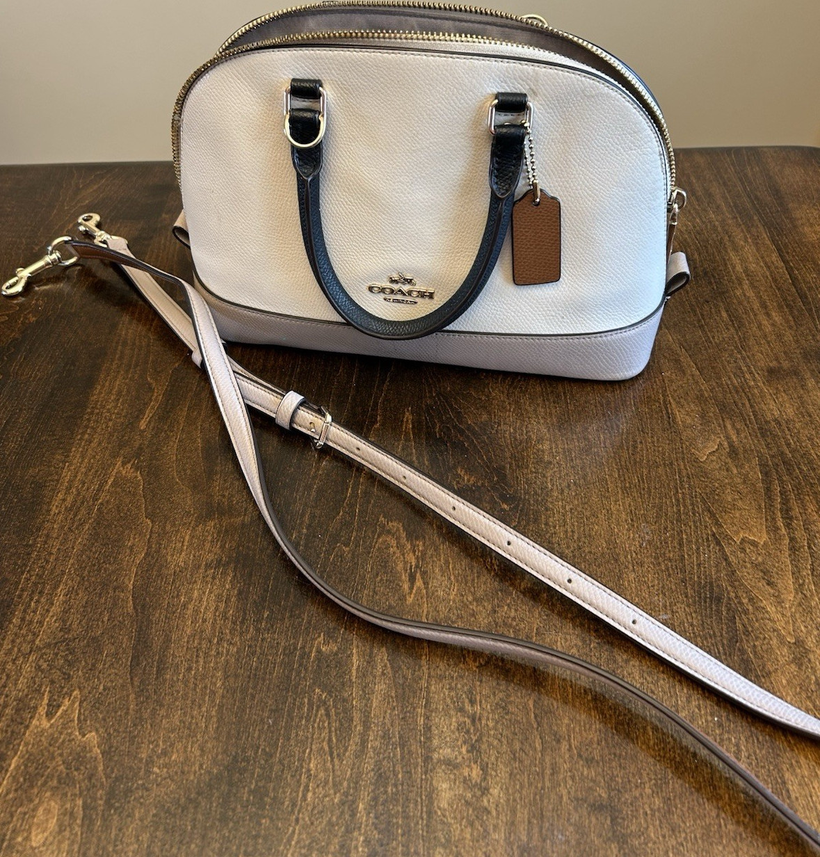 Coach Pebbled Satchel Bag White Light Gray Logo Tag Zipper Detachable Strap