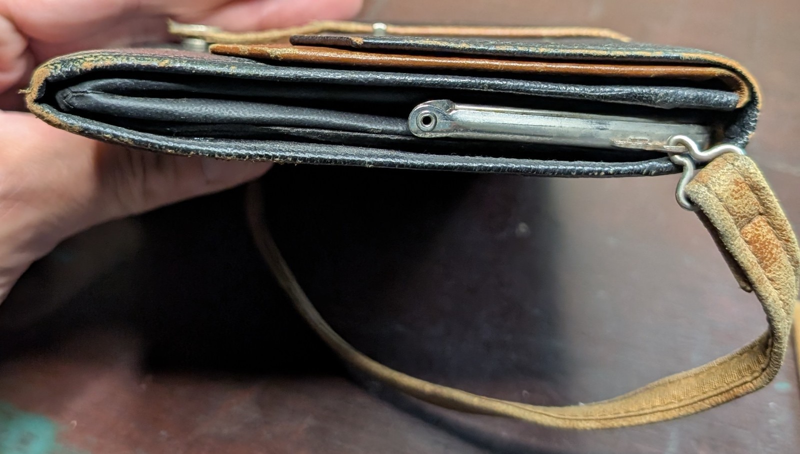 Vintage Black & Brown Leather Purse Arm Strap Purse, With Vanity Mirror, Classic