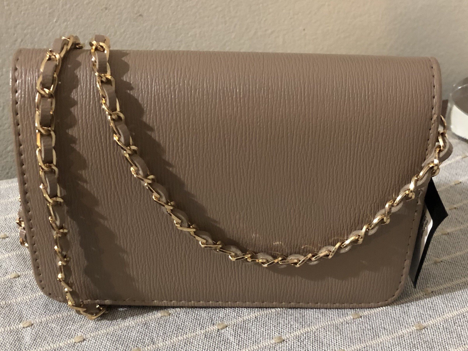 bebe Fabiola Saffiano Crossbody Purse in Taupe With Gold Logo New With Tag